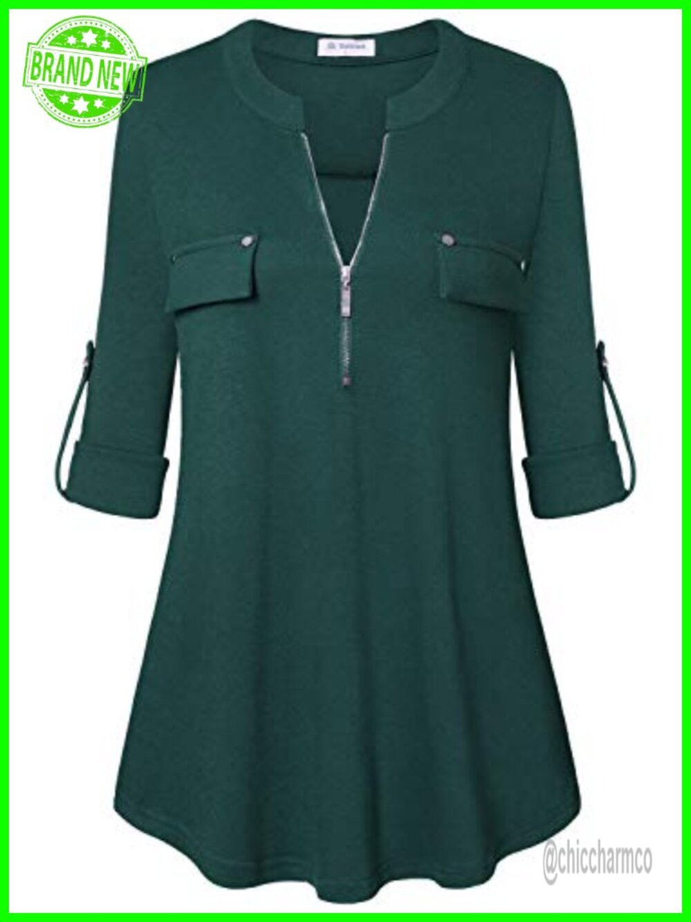 Womens Plus Size 3/4 Sleeve V Neck Zipper Business Casual Tunic Blouse